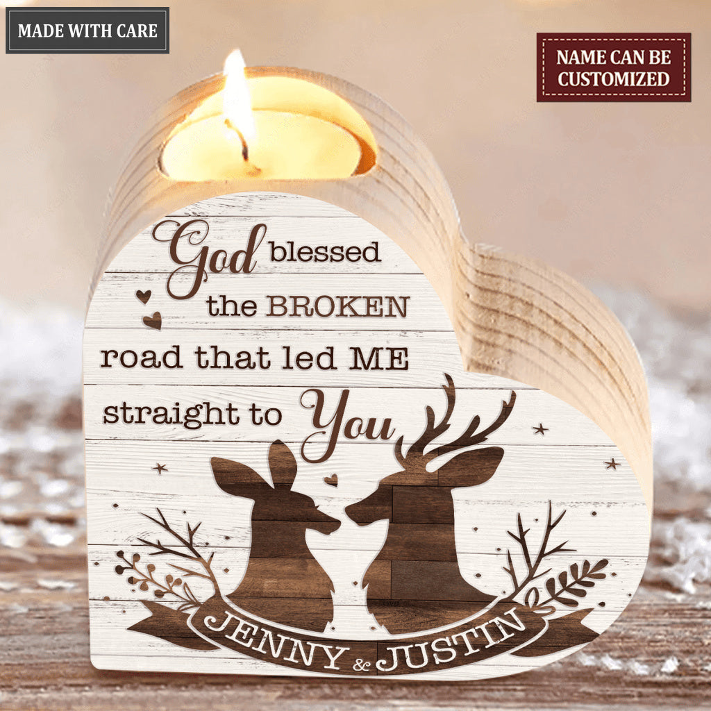 White Wood Floral Deer Couple God Blessed Personalized Candle Holder