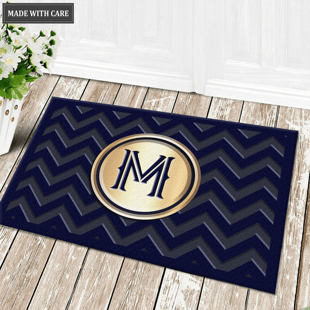 Cheveron Blue Monogram Personalized Doormat