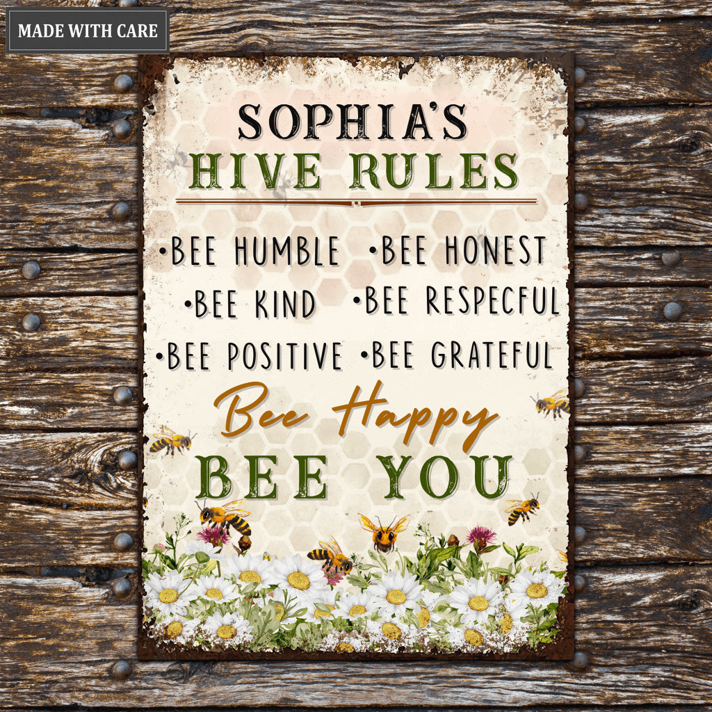 Hive Rules Farmhouse Bee Kind Personalized Metal Sign