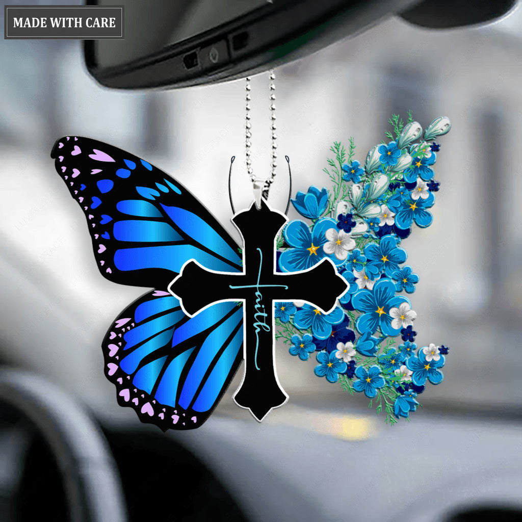 Luvingrace L185 Blue Flowers Butterfly Faith Cross Ornament