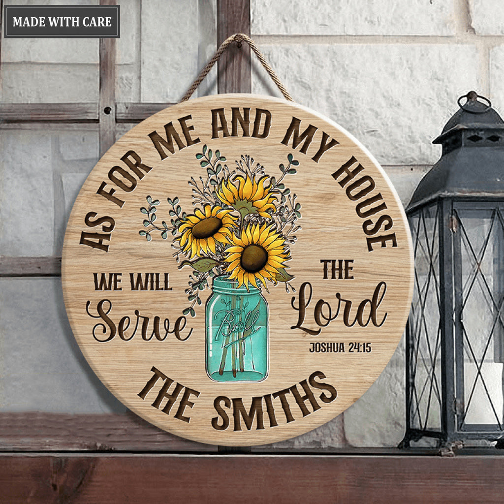Glass bottle Floral Sunflowers Serve The Lord Personalized Wood Circle Sign