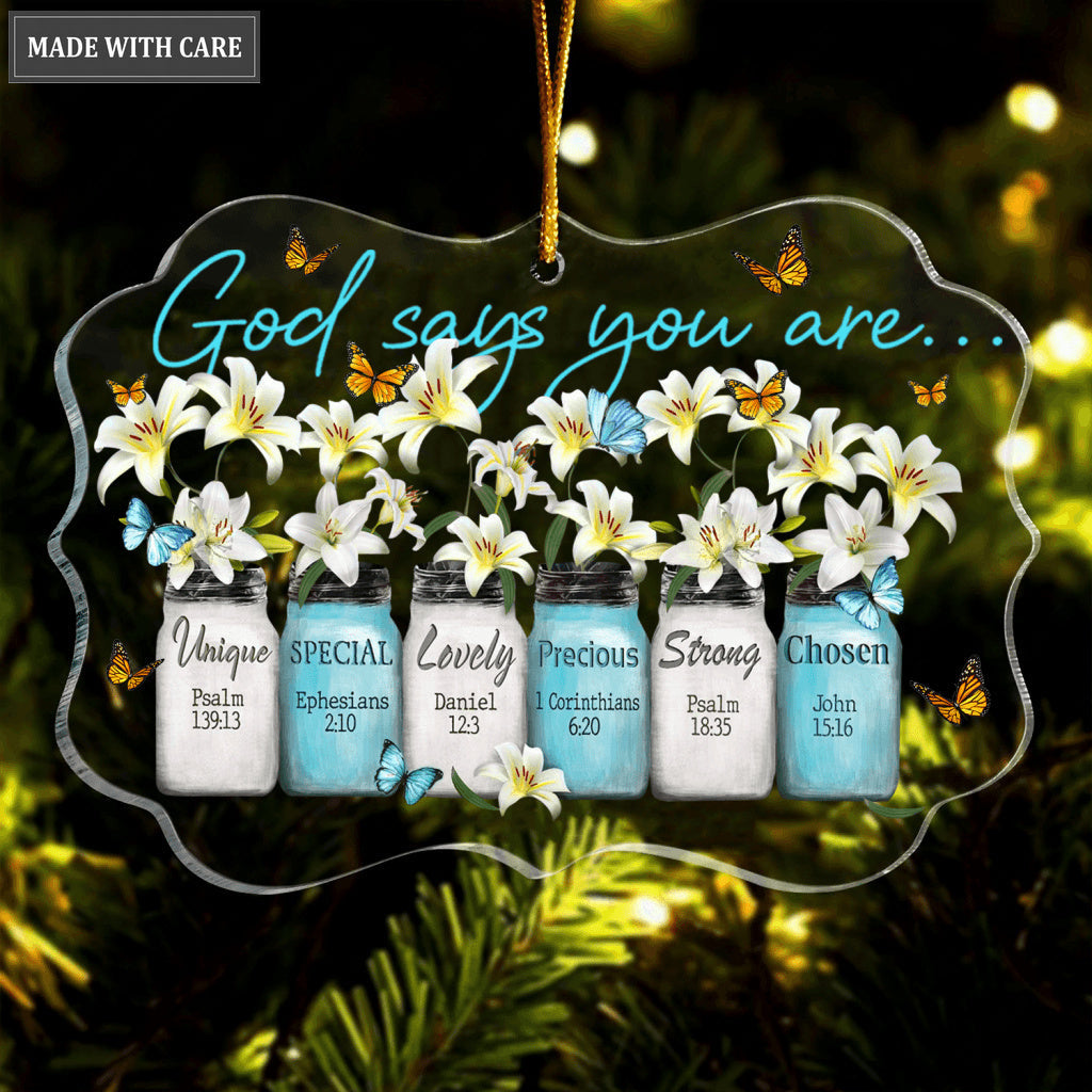 White Flower Mason Jar God Says You Are Transparent Ornament