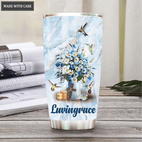 Blue Glitter Flower And Hummingbirds Cross As For Me And My House Personalized Tumbler