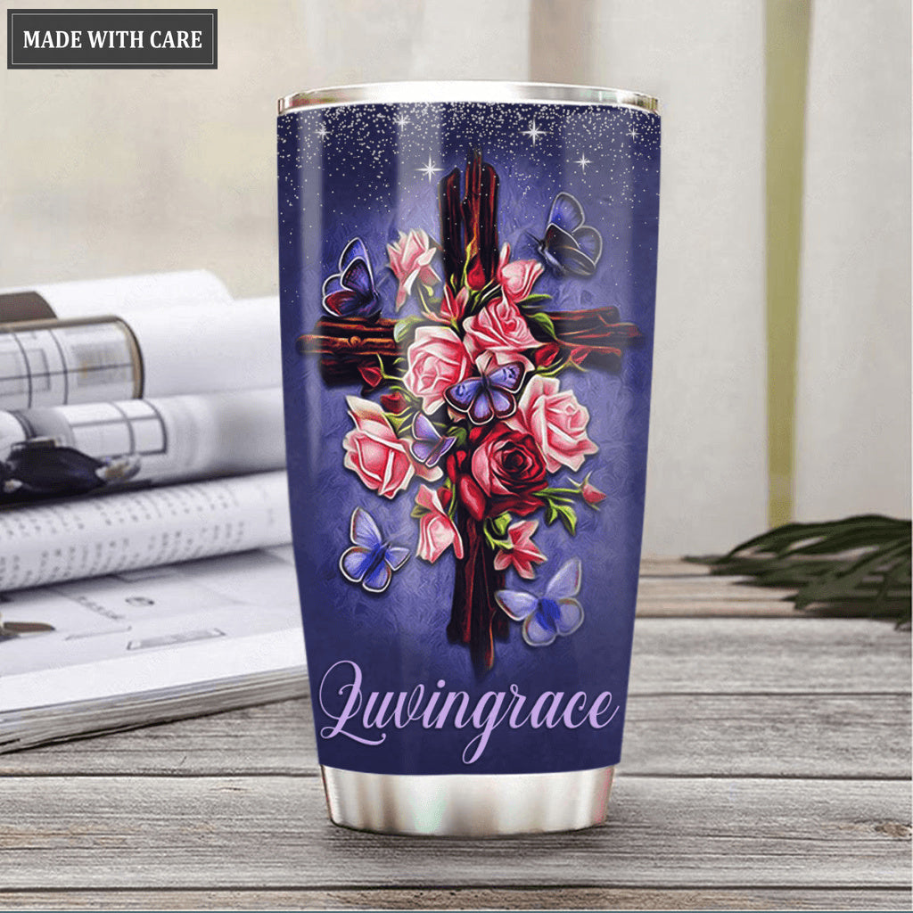 Vintage Roses Wood Cross Faith Butterfly As For Me And My House Personalized Tumbler