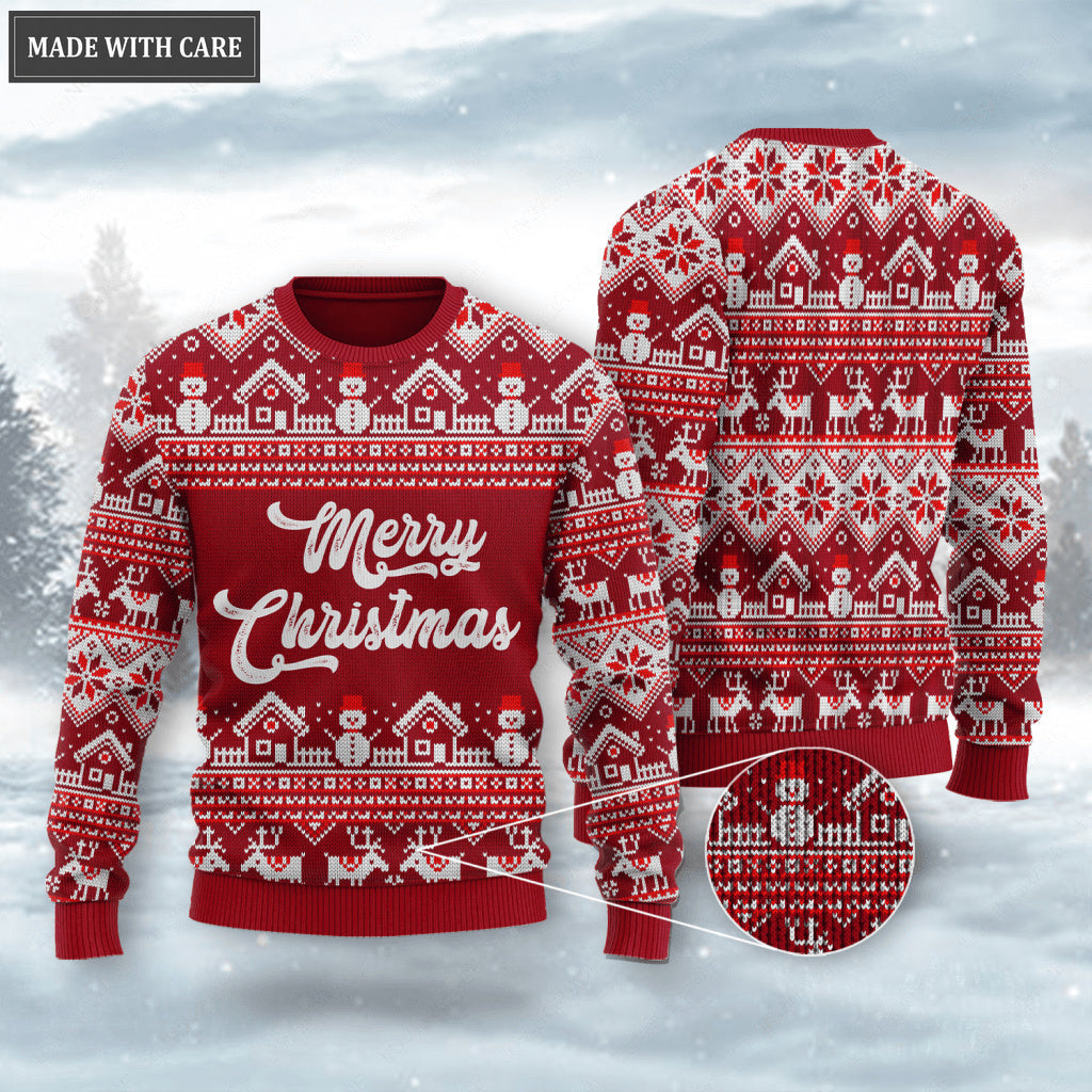 Merry Christmas Snowman Reindeer Wool Knitted Pattern Ugly Sweater