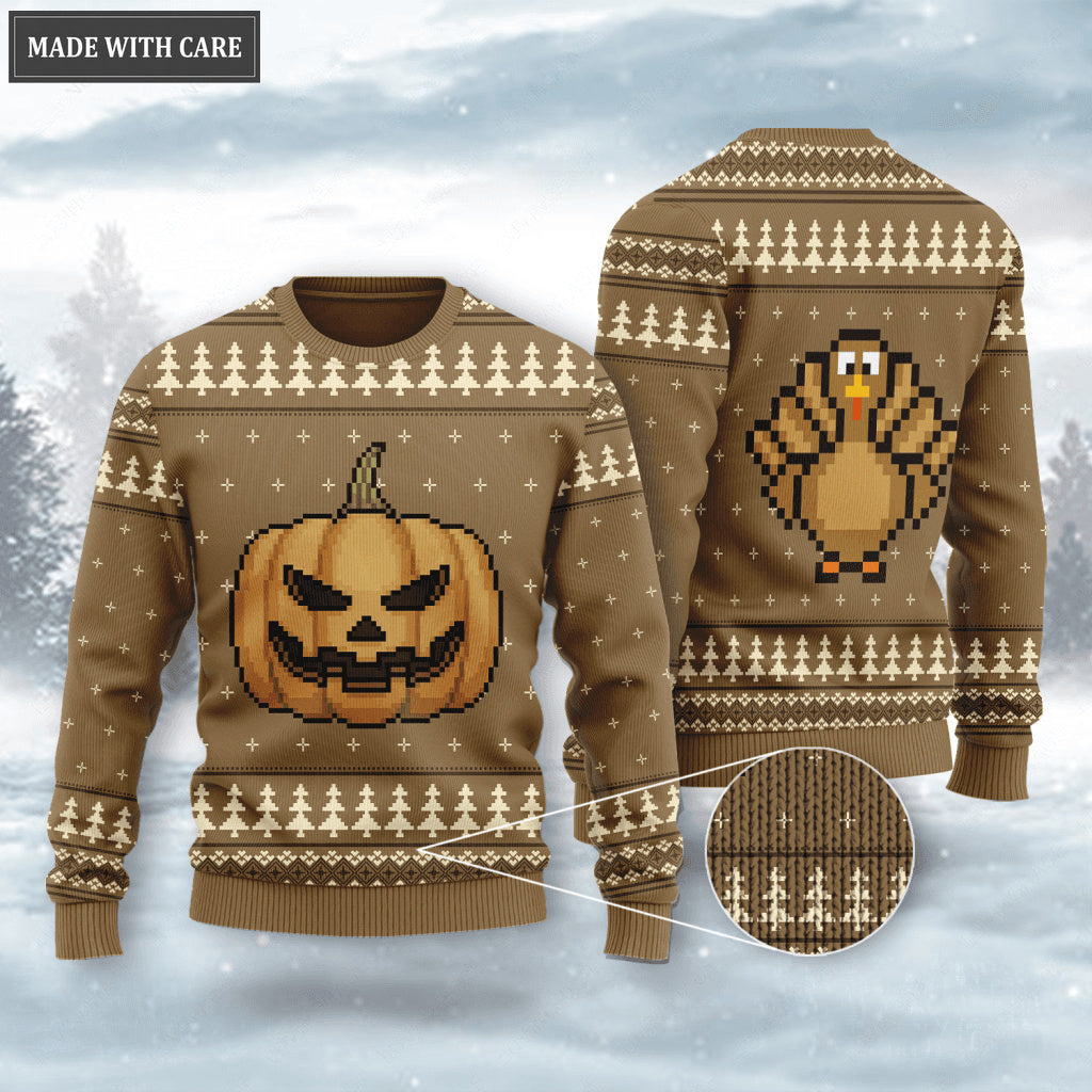 Thanksgiving Pumpkin Turkey Wool Knitted Pattern Ugly Sweater