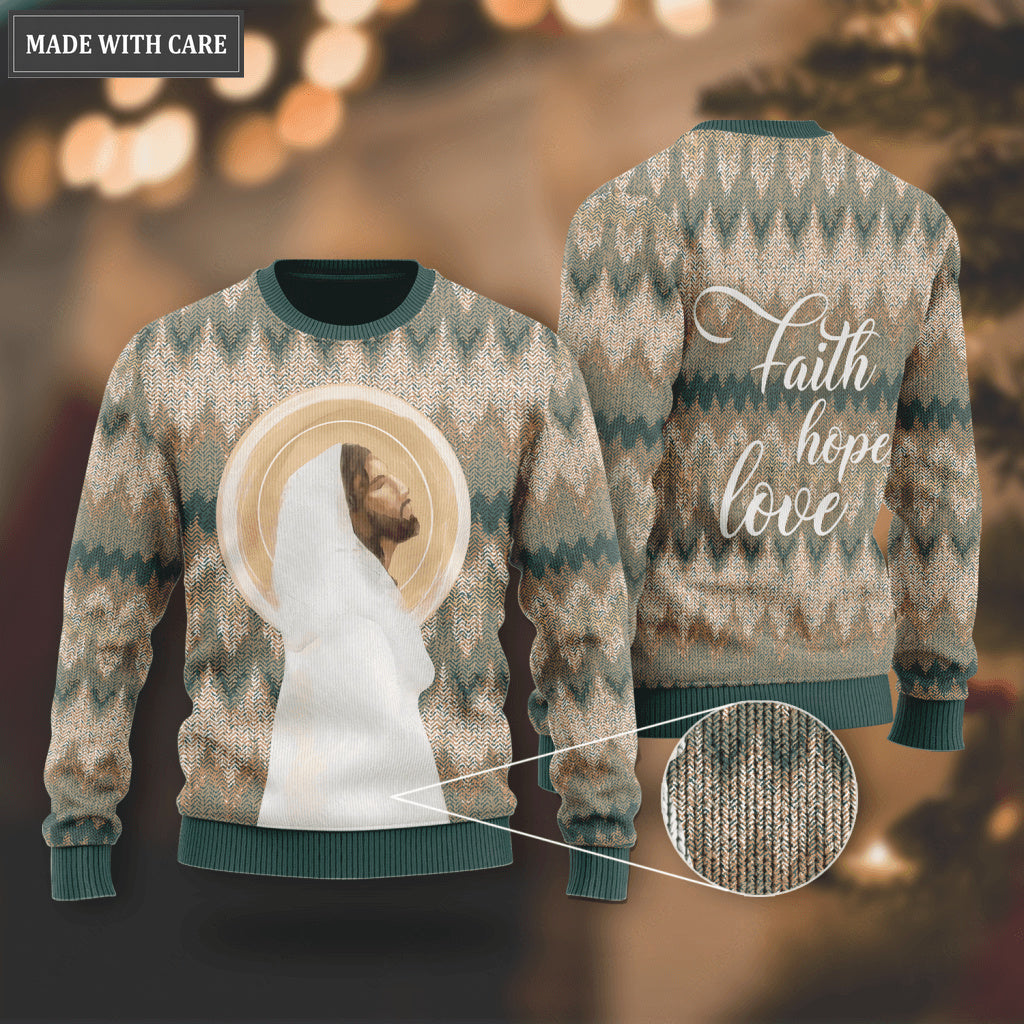 Vintage Christ God Wool Knitted Pattern Faith Hope Love Ugly Sweater