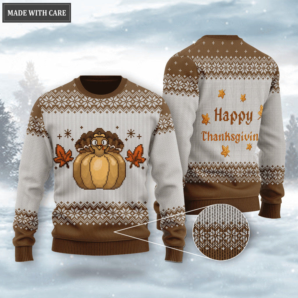 Vintage Happy Thanksgiving Turkey Pumpkin Wool Knitted Pattern Ugly Sweater