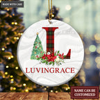 Christmas Poinsettia And Pine Red Green Plaid First Letter And Name Personalized Ornament