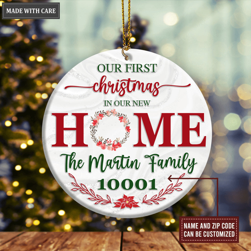 Red Floral First Christmas In Our New Home Family Name And Zip Code Personalized Ornament
