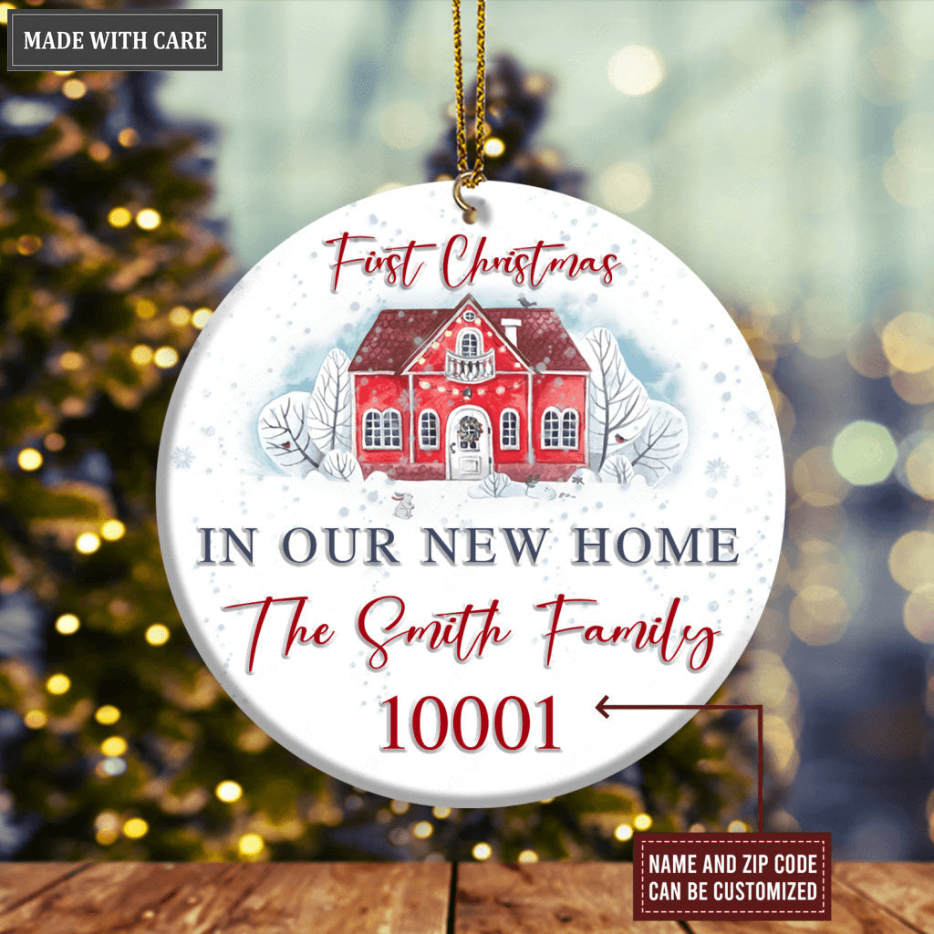 Vintage Red House First Christmas In Our New Home Family Name And Zip Code Personalized Ornament