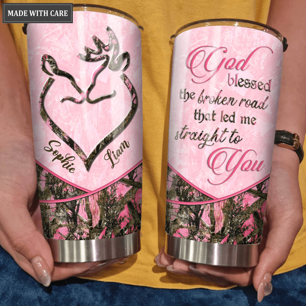 Buck And Doe God Blessed The Broken Road Personalized Tumbler