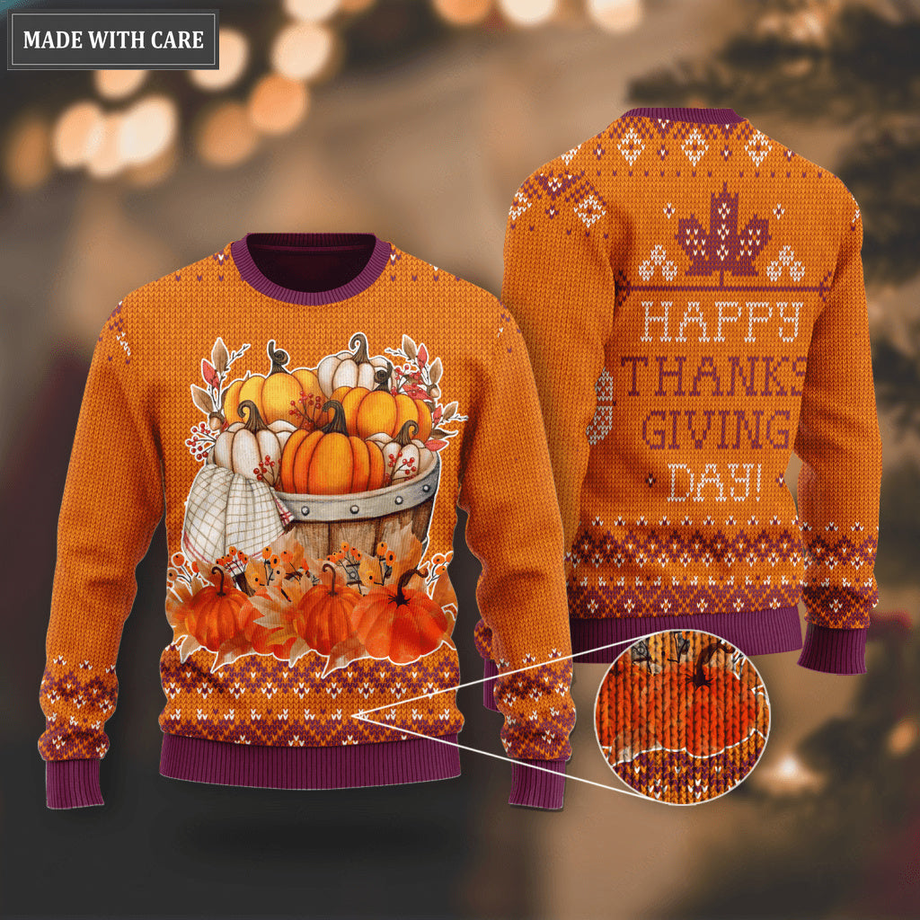 Fall Flower Pumpkin Knitted Pattern Happy Thanksgiving Day Ugly Sweater
