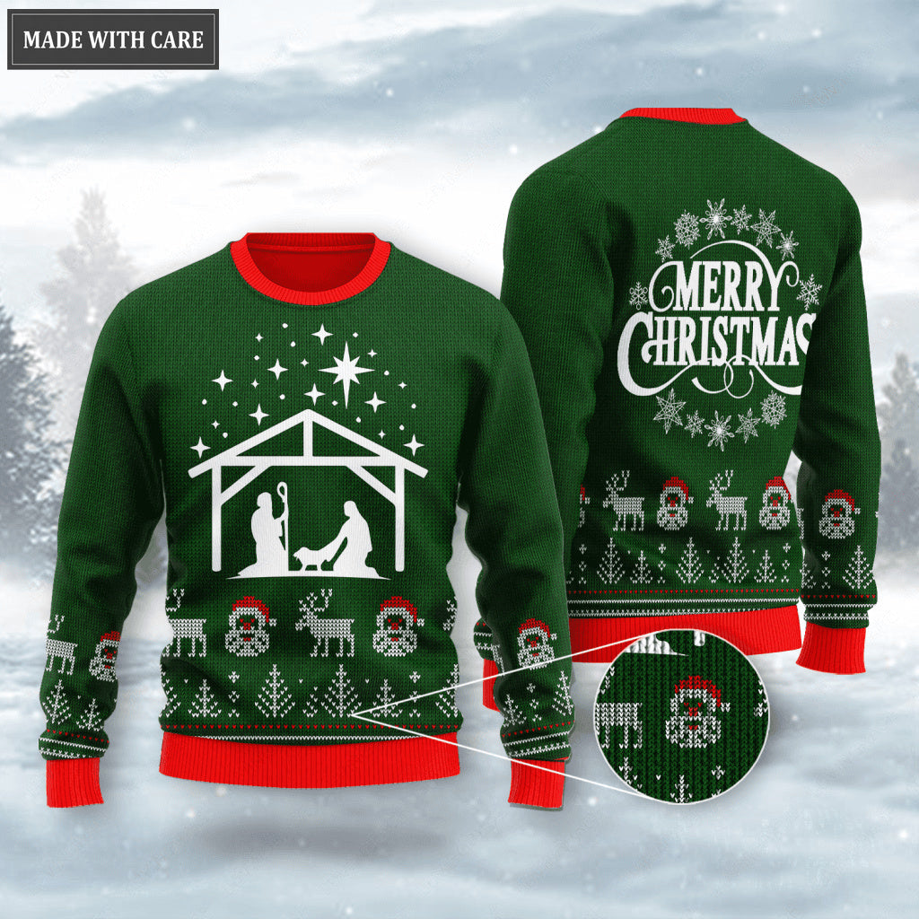 Merry Christmas Santa Reindeer Wool Knitted Pattern Ugly Sweater