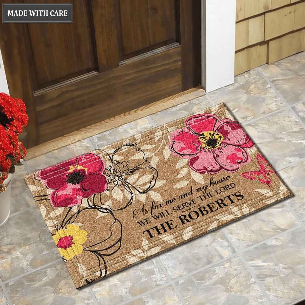 Flowers Pattern Serve The Lord Personalized Door Mat