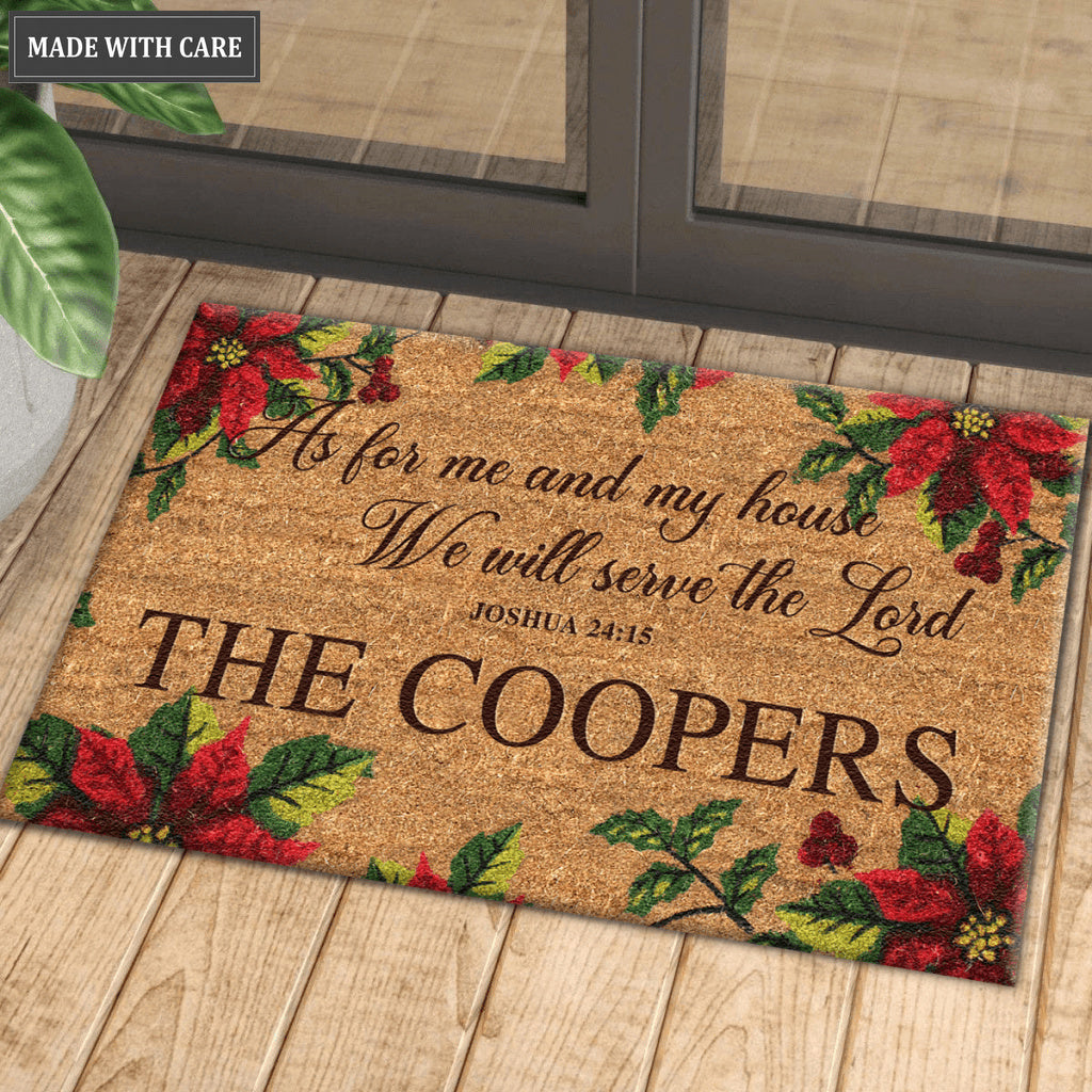 Poinsettia Christmas Serve The Lord Personalized Door Mat