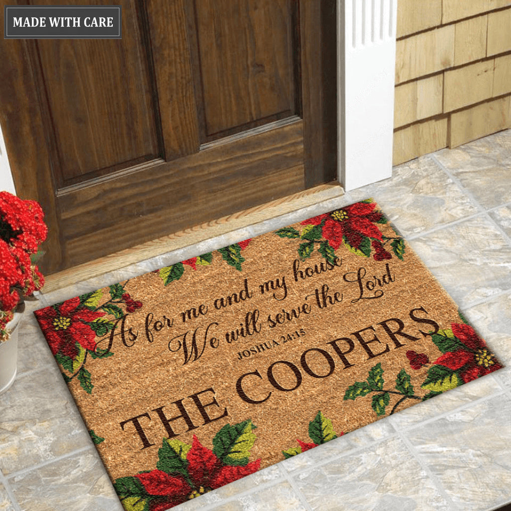 Poinsettia Christmas Serve The Lord Personalized Door Mat
