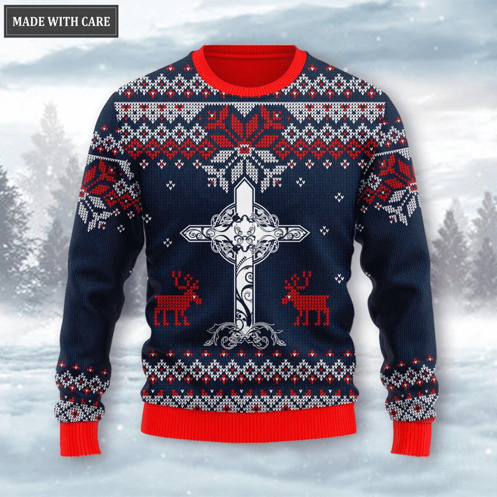 Dark Blue Christian Cross Reindeer Wool Knitted Snow Christmas Pattern Ugly Sweater
