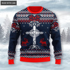 Dark Blue Christian Cross Reindeer Wool Knitted Snow Christmas Pattern Ugly Sweater