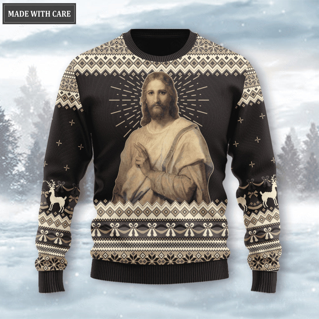 Vintage God Christ Light Wool Knitted Christmas Pattern Ugly Sweater