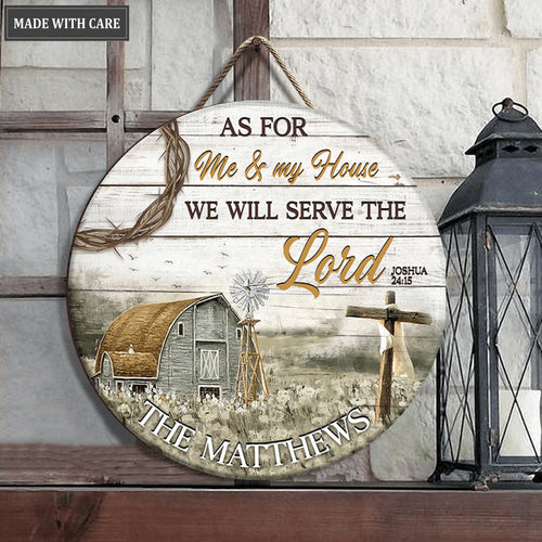Barn And Cross Serve The Lord Personalized Wood Circle Sign