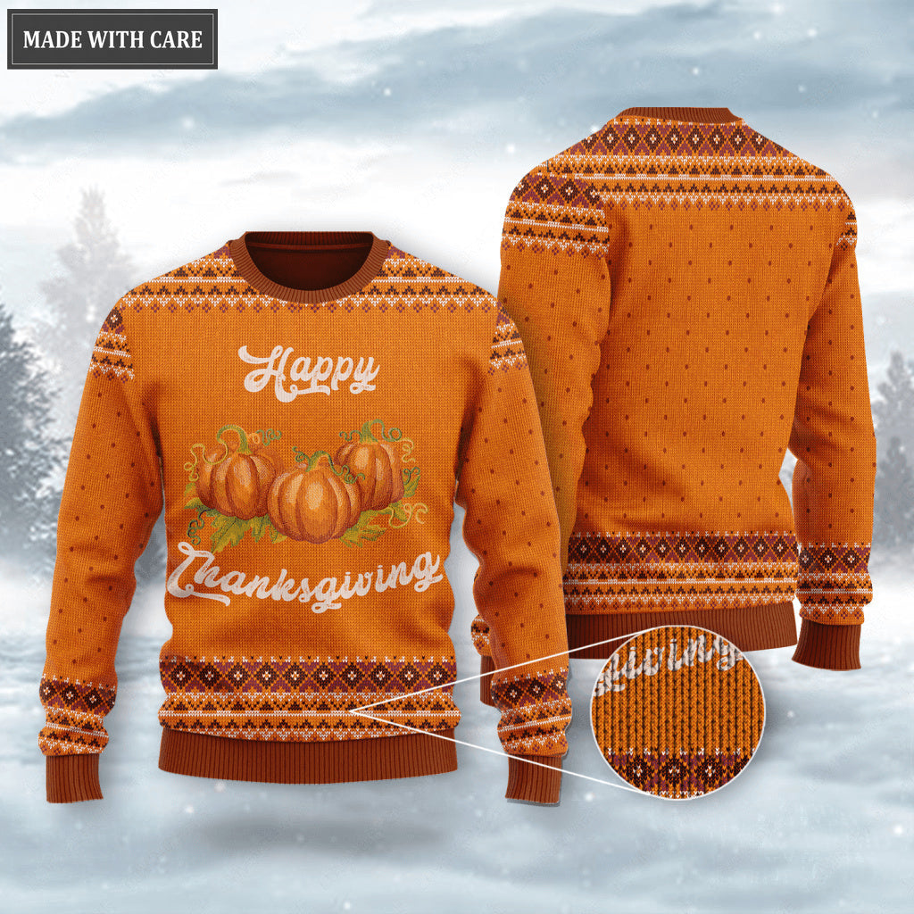 Happy Thanksgiving Pumpkin Wool Knitted Pattern Ugly Sweater
