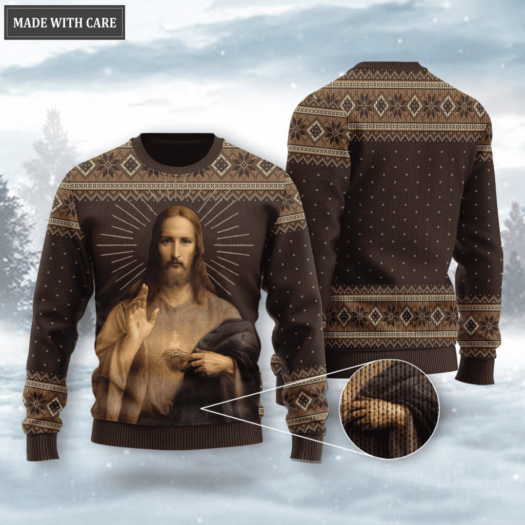 Holy Christ Sacred Heart Wool Knitted Pattern Ugly Sweater