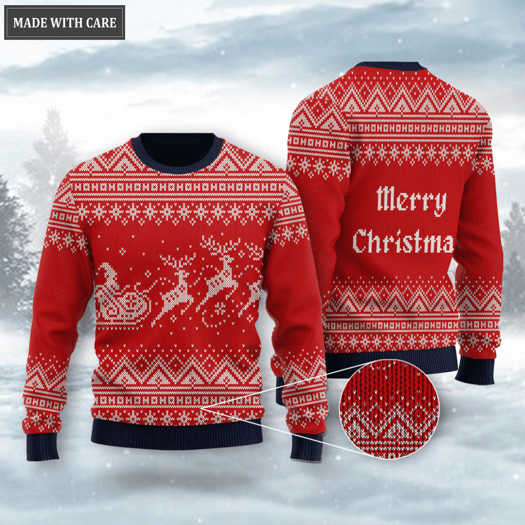 Red Christmas Santa Reindeer Wool Knitted Pattern Ugly Sweater