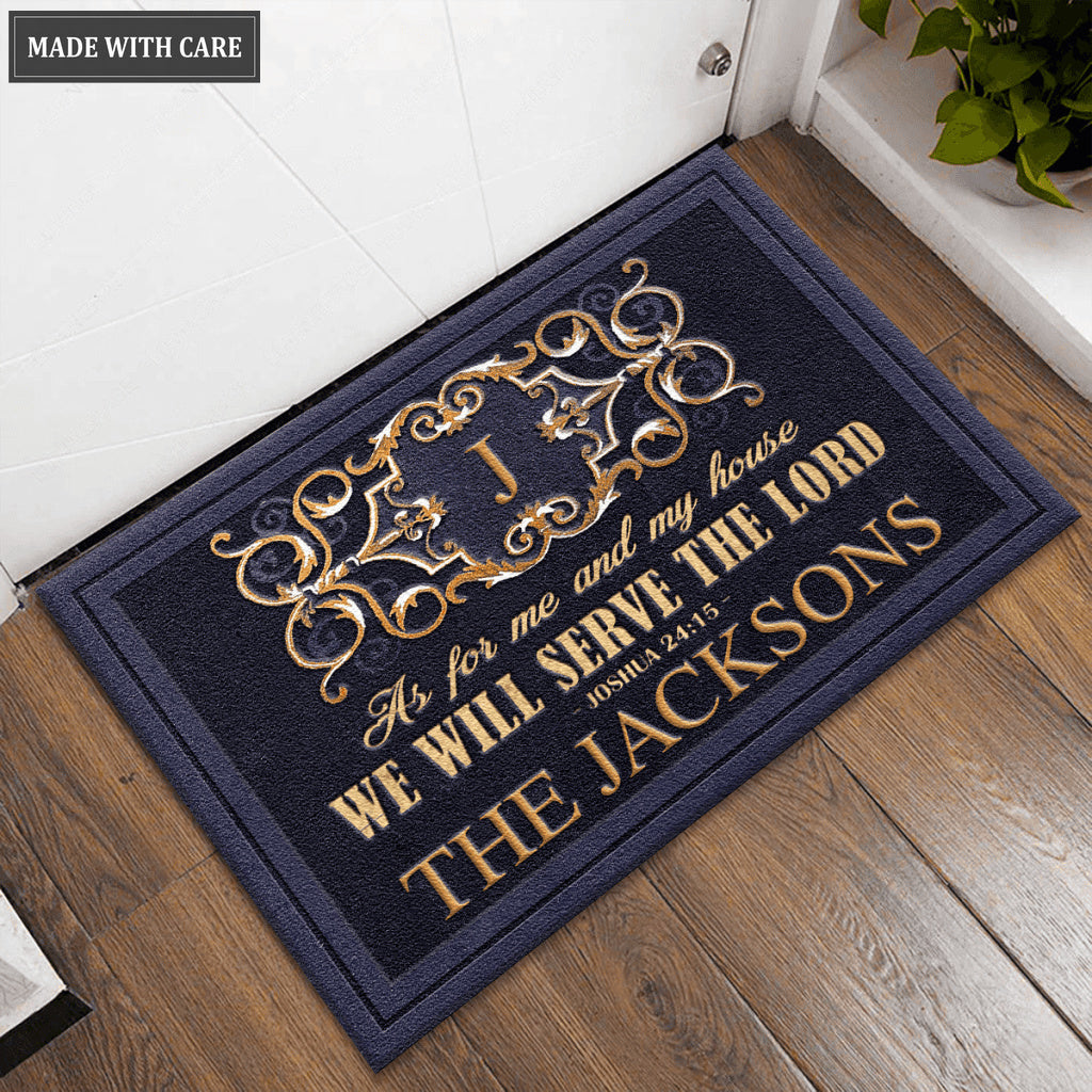 Elegant Navy Exterior Decor Monogrammed Serve The Lord Personalized Doormat