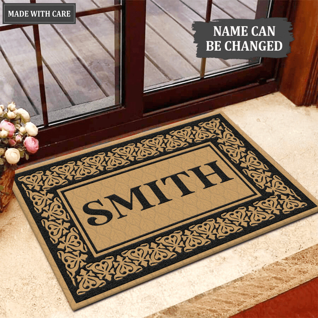 Black Blooming Hearts Bordered Personalized Family Name Doormat