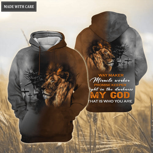 Brown Grey Lion Jesus Cross Way Maker Miracle Worker Hoodie