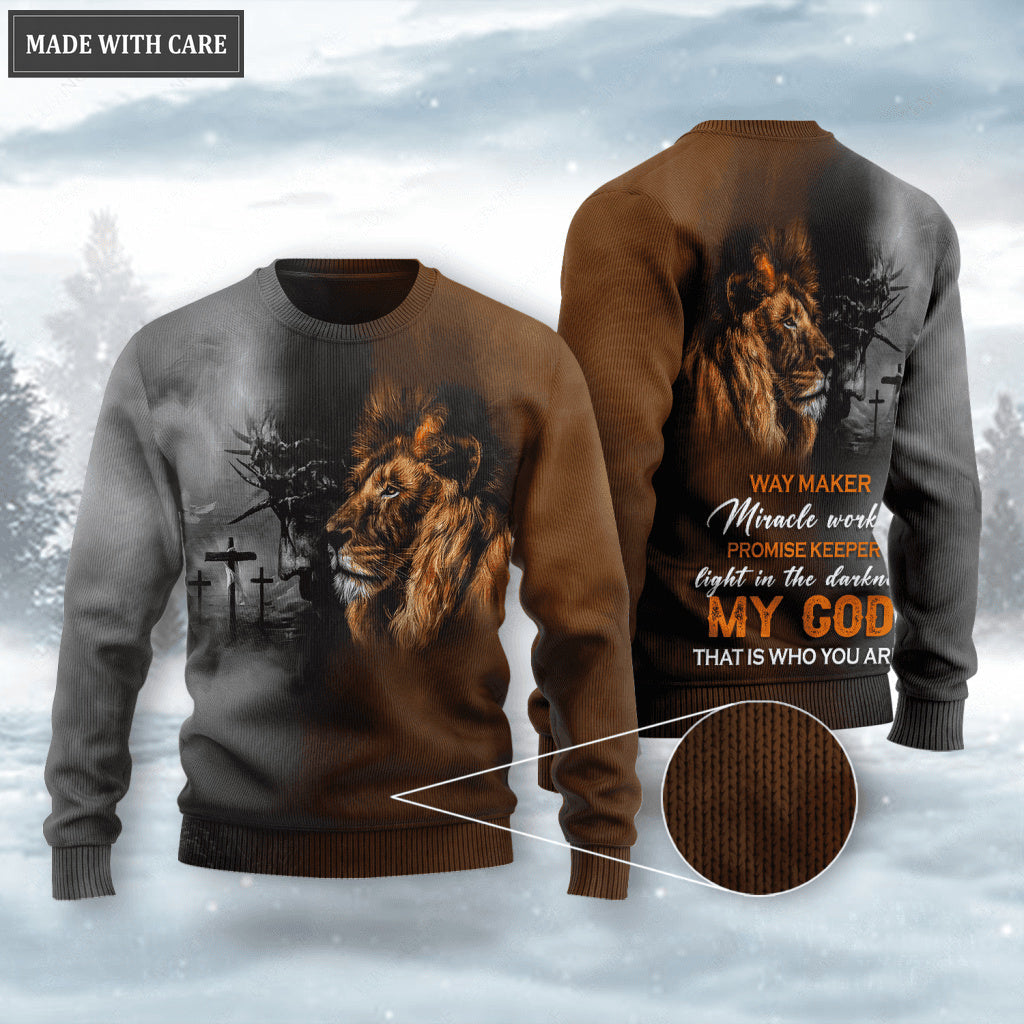 Brown Grey Lion Jesus Cross Way Maker Miracle Worker Wool Sweatshirt