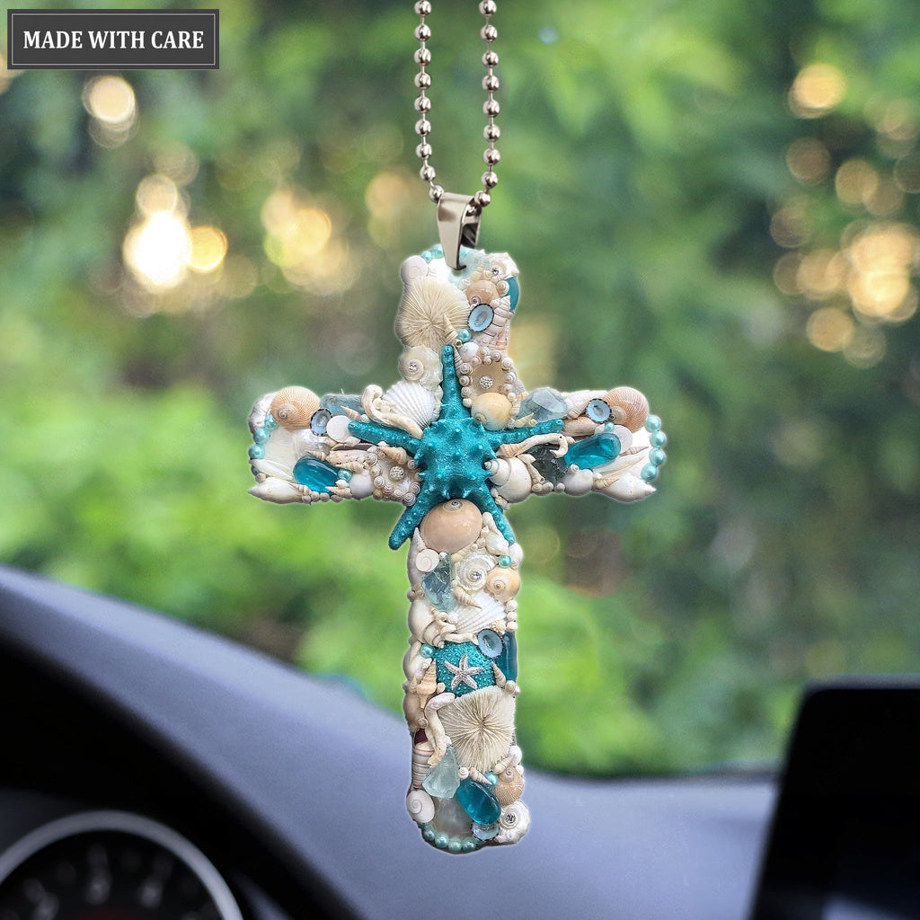 Blue Starfish Seashells Cross Ornament