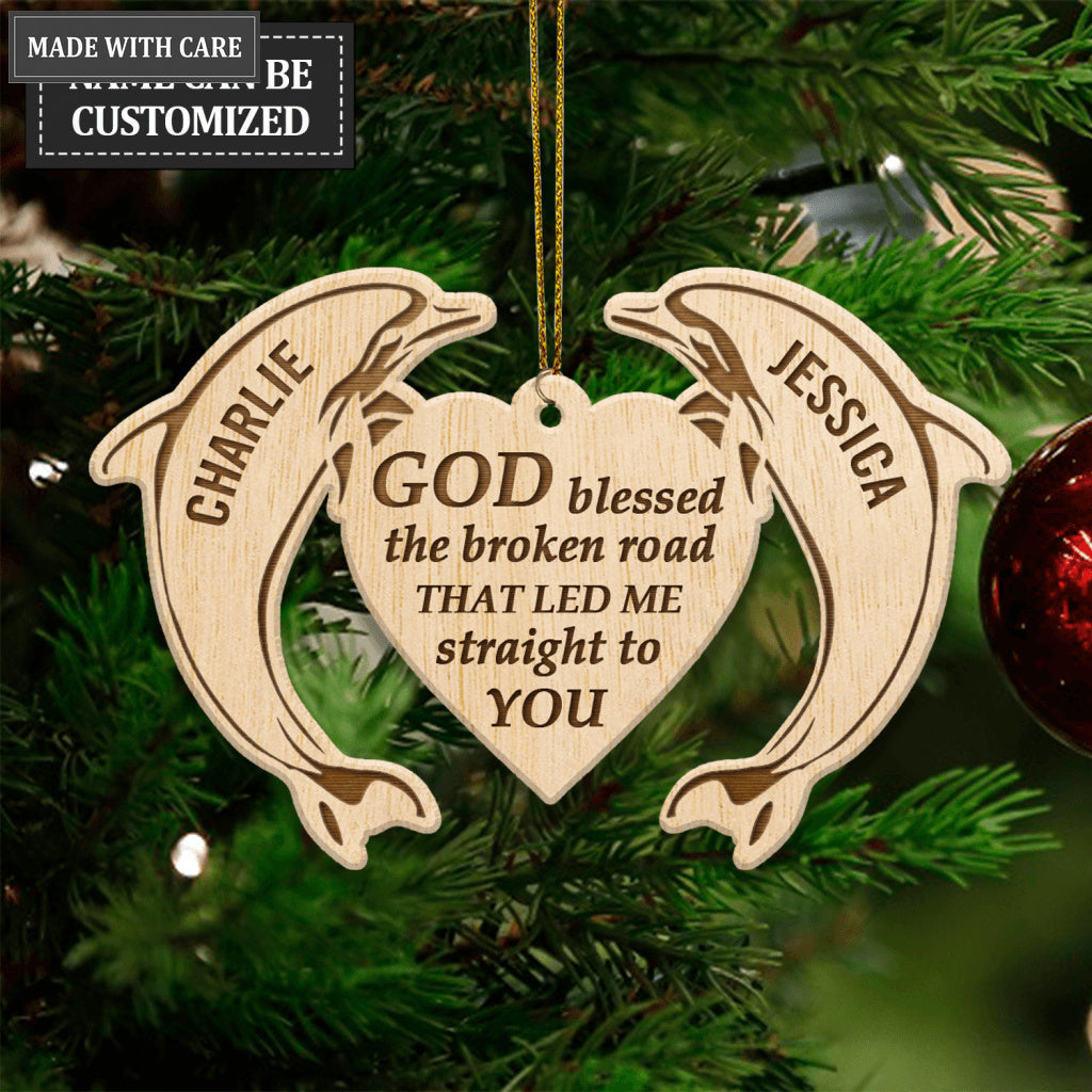 Dolphin Couple God Blessed Personalized Wood Engraved Ornament