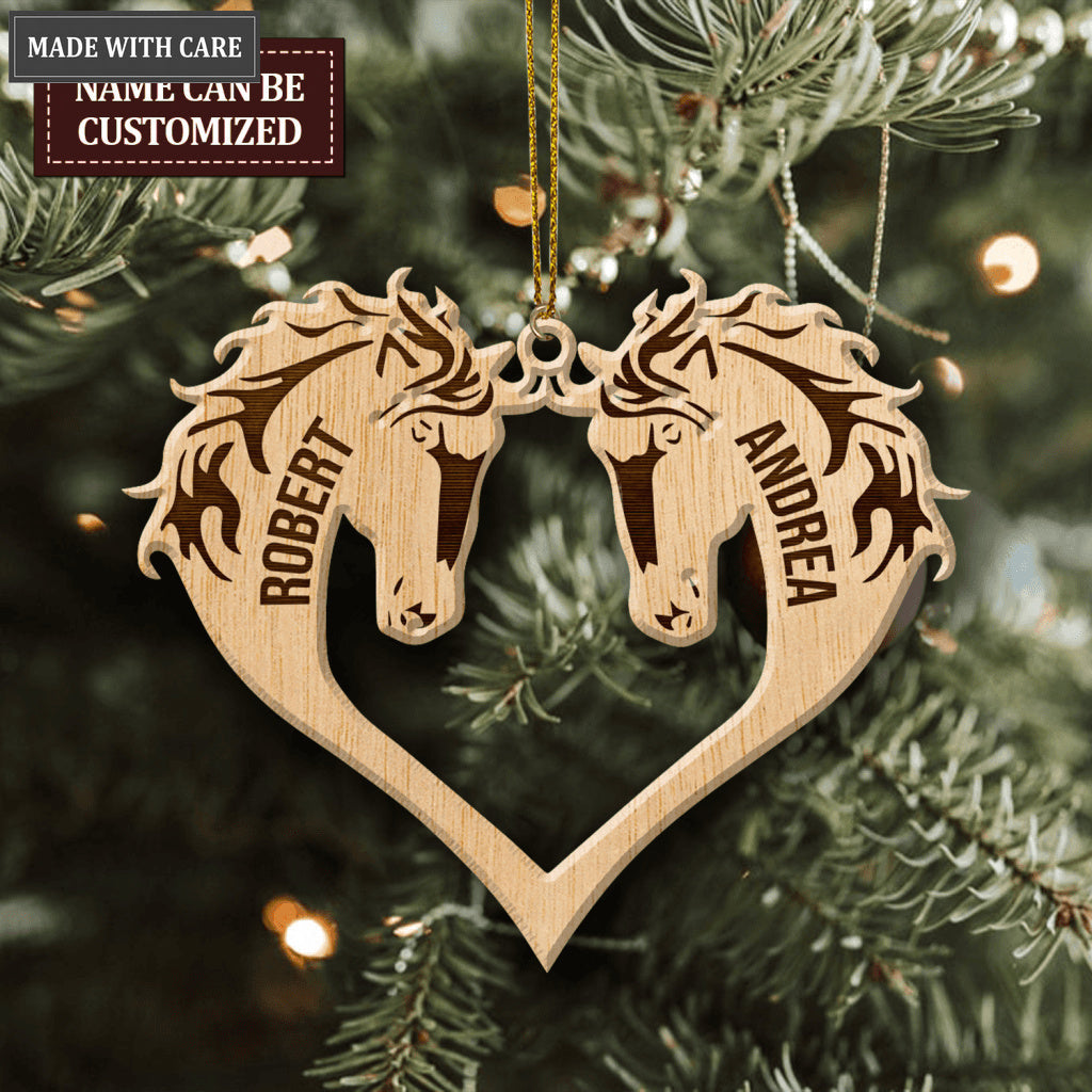 Heart Couple Horse Wood Engraved Ornaments
