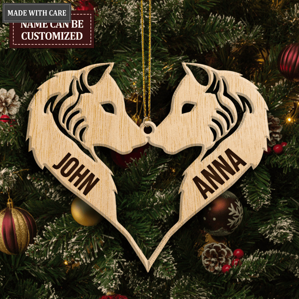 Wolf Couple Heart Personalized Wood Engraved Ornaments