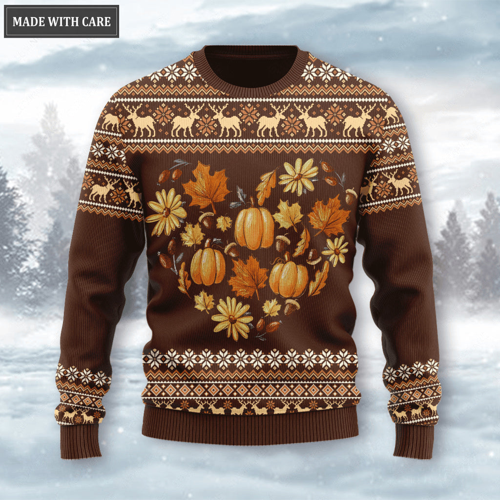 Autumn Heart Pumpkin Floral Wool Knitted Pattern It's Fall Y'all Ugly Sweater