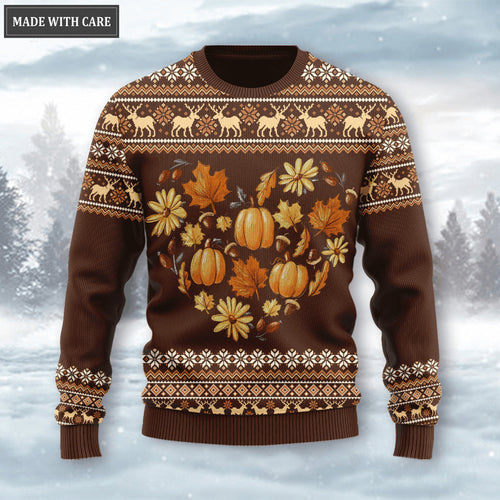Autumn Heart Pumpkin Floral Wool Knitted Pattern It's Fall Y'all Ugly Sweater