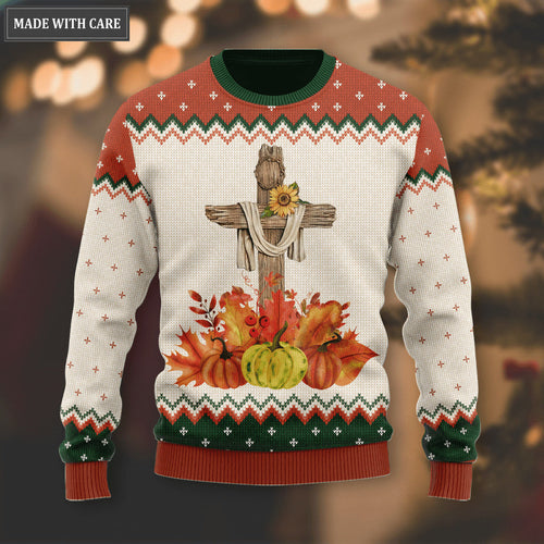 Autumn Pumpkin Floral Cross Wool Knitted Pattern Fall For Christ He Never Leaves Ugly Sweater