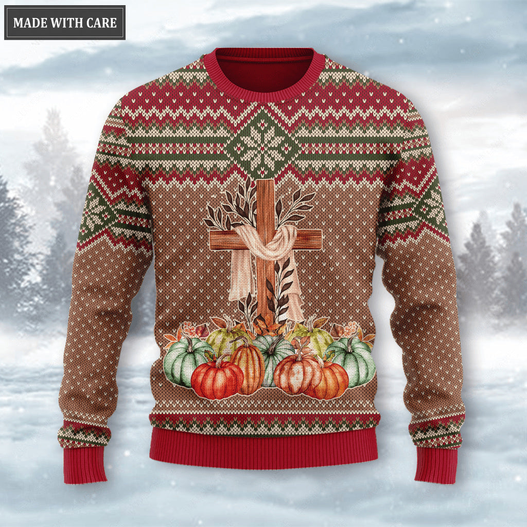 Vintage Thanksgiving Cross Pumpkin Wool Knitted Pattern Ugly Sweater