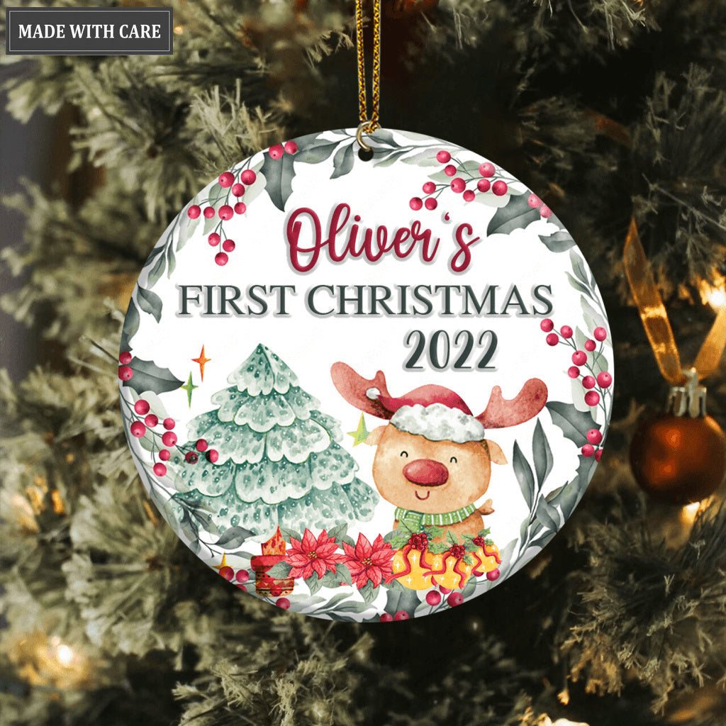 First Christmas Lovely Reindeer Pine Floral Personalized Ornament