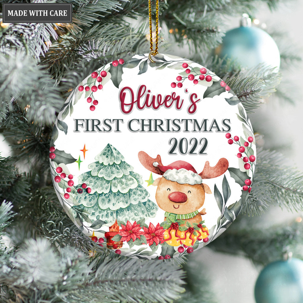 First Christmas Lovely Reindeer Pine Floral Personalized Ornament