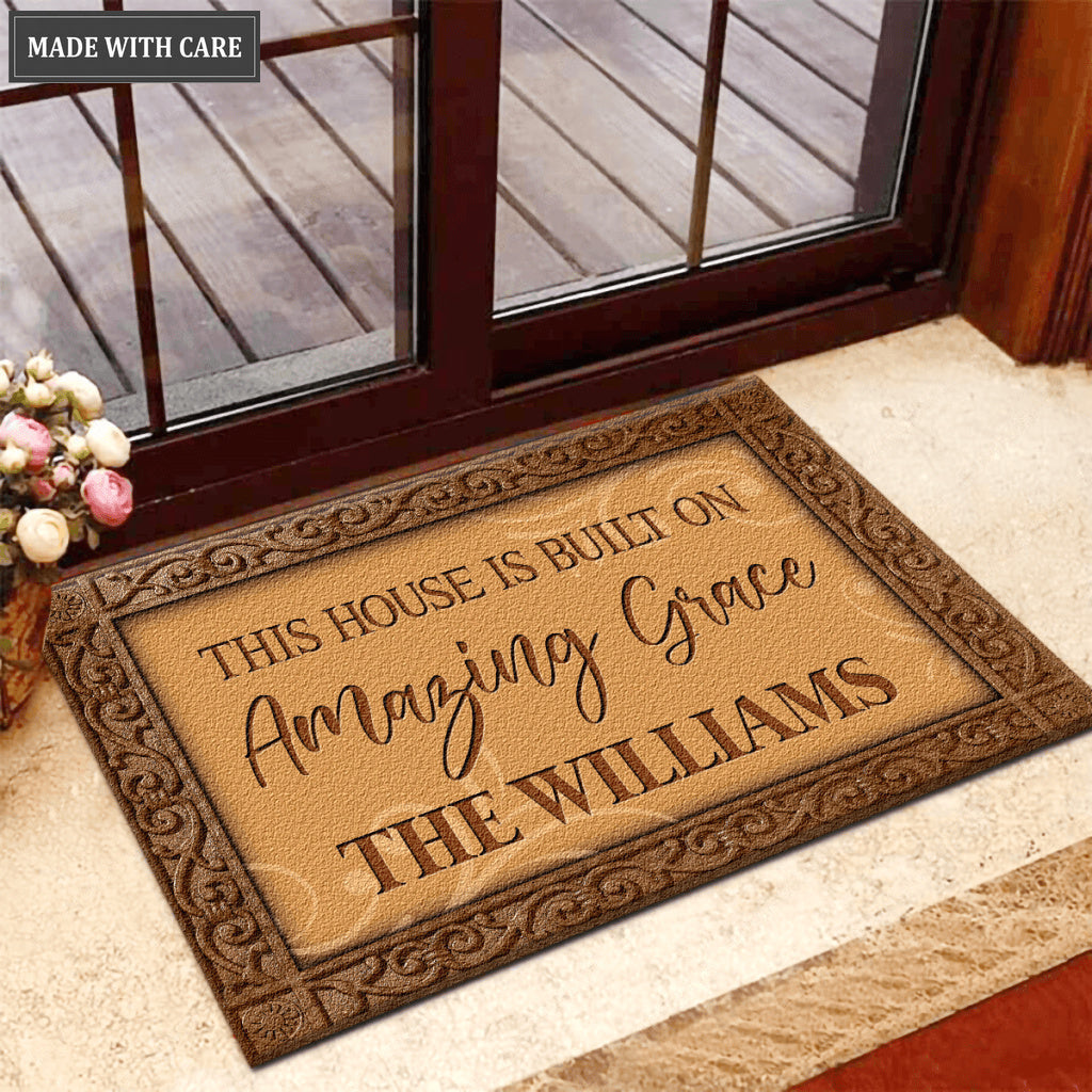 This House Is Built On Amazing Grace Personalized Door Mat
