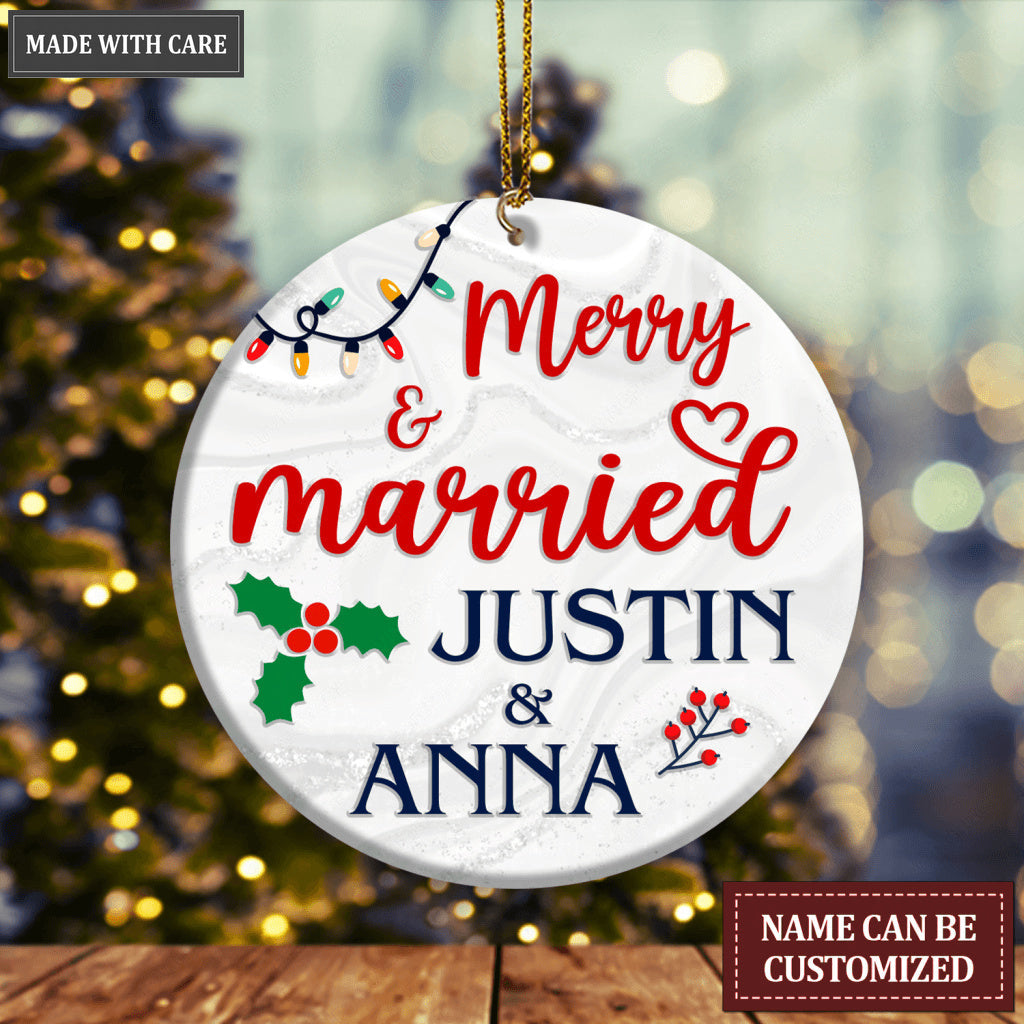 Christmas Light Floral Merry And Married Couple Personalized Ornament