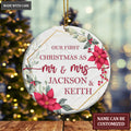 Poinsettia Floral Golden Frame Our First Christmas Couple Personalized Ornament