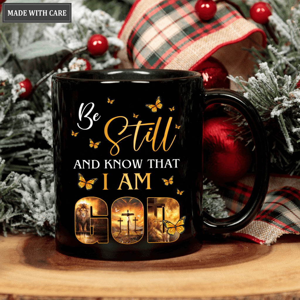 Butterfly Lion Cross Be Still And Know That I Am God Black Mug
