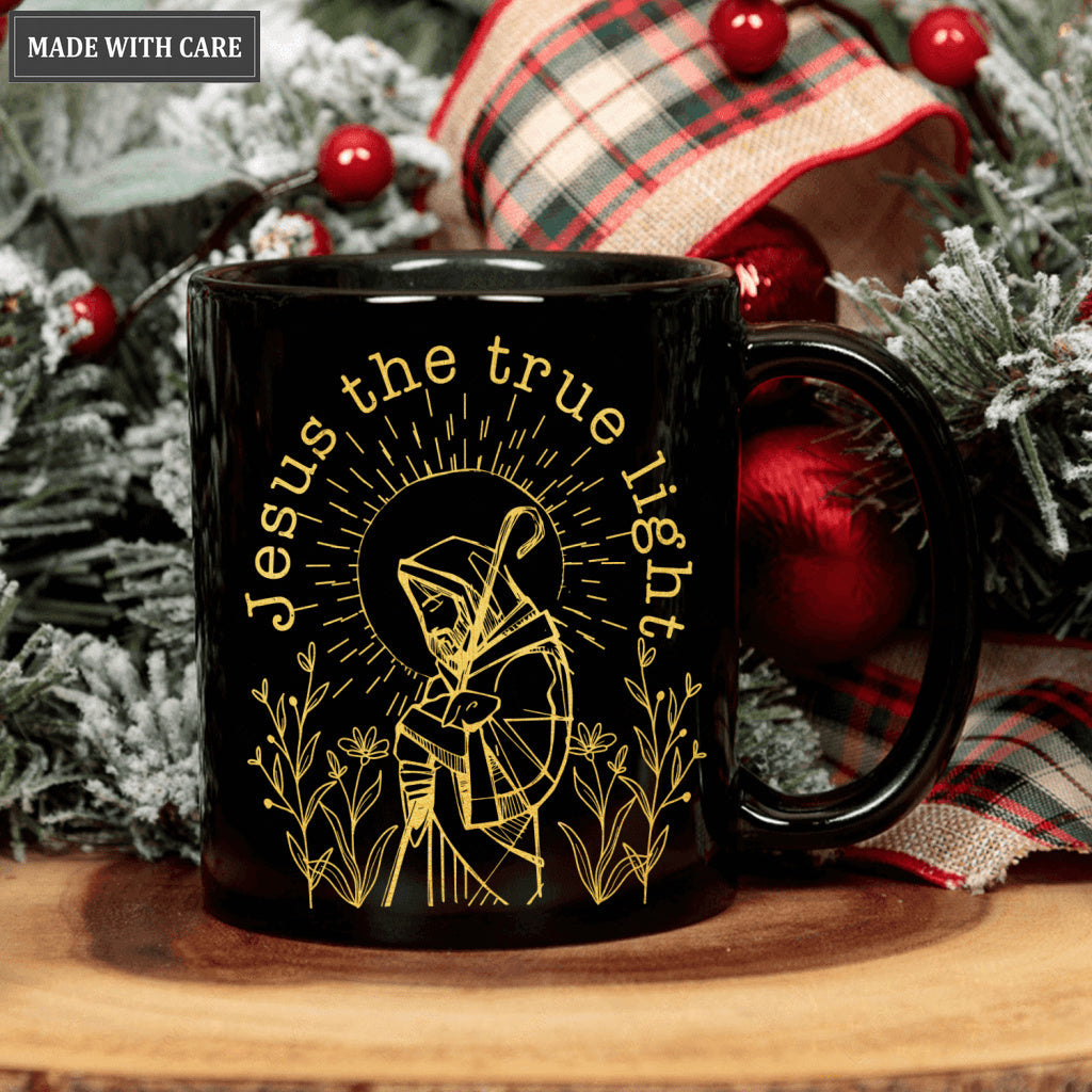 Golden Vintage Flower Christian The True Light Black Mug