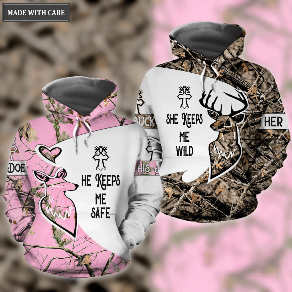 He Keeps Me Safe She Keeps Me Wild Couple Deer Hoodie