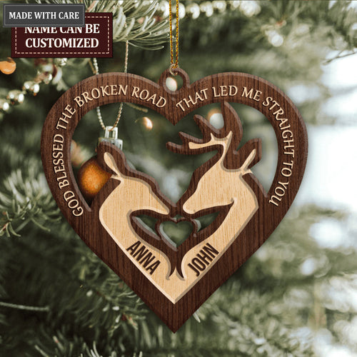 Buck And Doe Heart God Blessed Personalized Wood Engraved Ornaments
