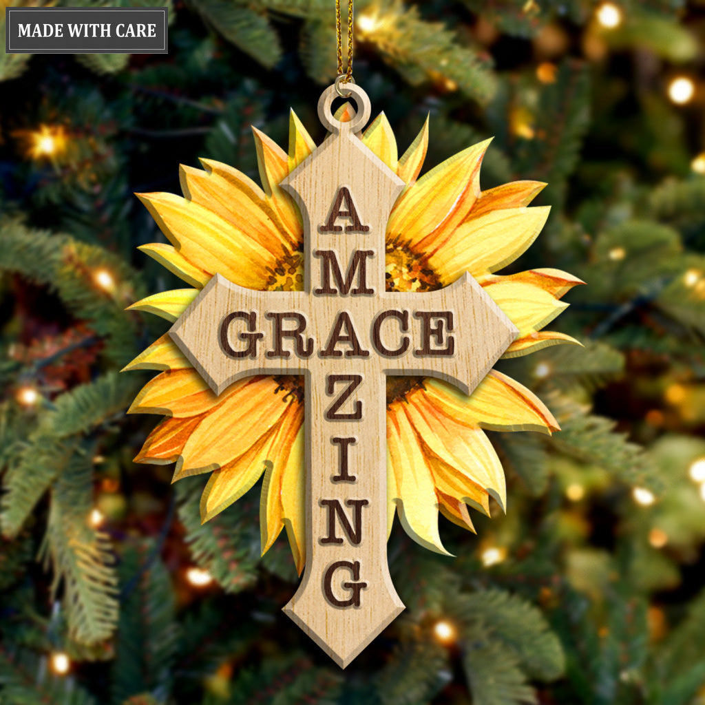 Sunflower Amazing Grace God Jesus Cross Christian Lover Wood Engraved Ornaments